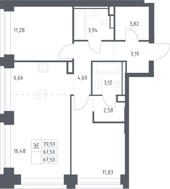 Планировка: Евротрёшка 67,5 м² в ЖК «НОВА»