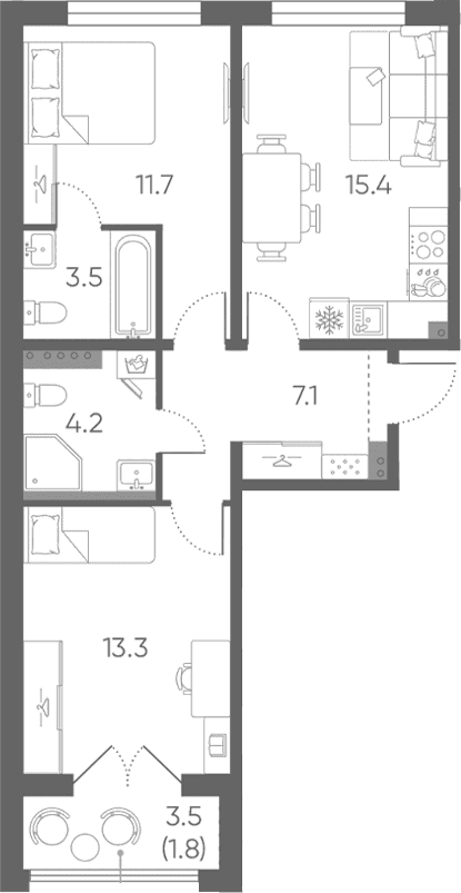 Планировка: Евротрёшка 55,2 м² в ЖК «Пулково Лейк»