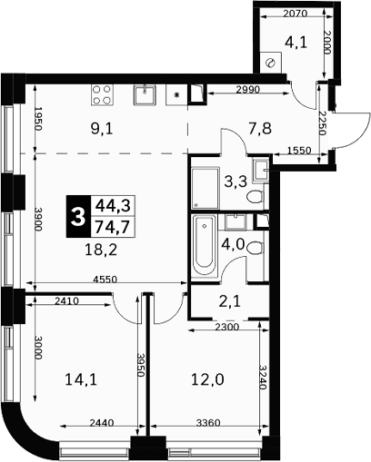Планировка: Евротрёшка 74,7 м² в ЖК «Амбер Сити»