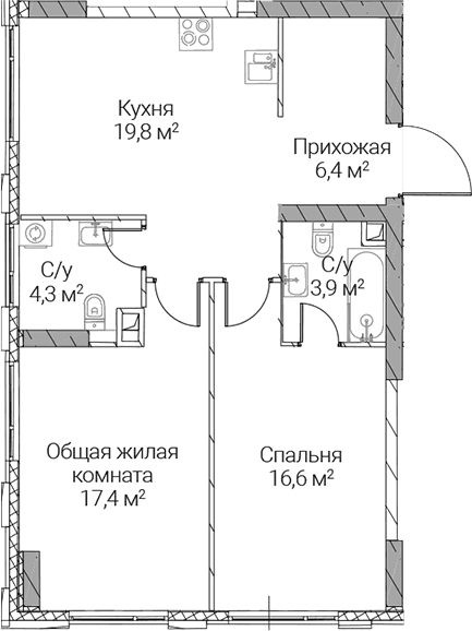 Планировка: 2-комнатная квартира 68,4 м² в ЖК «СЕЗАР СИЛИКА»
