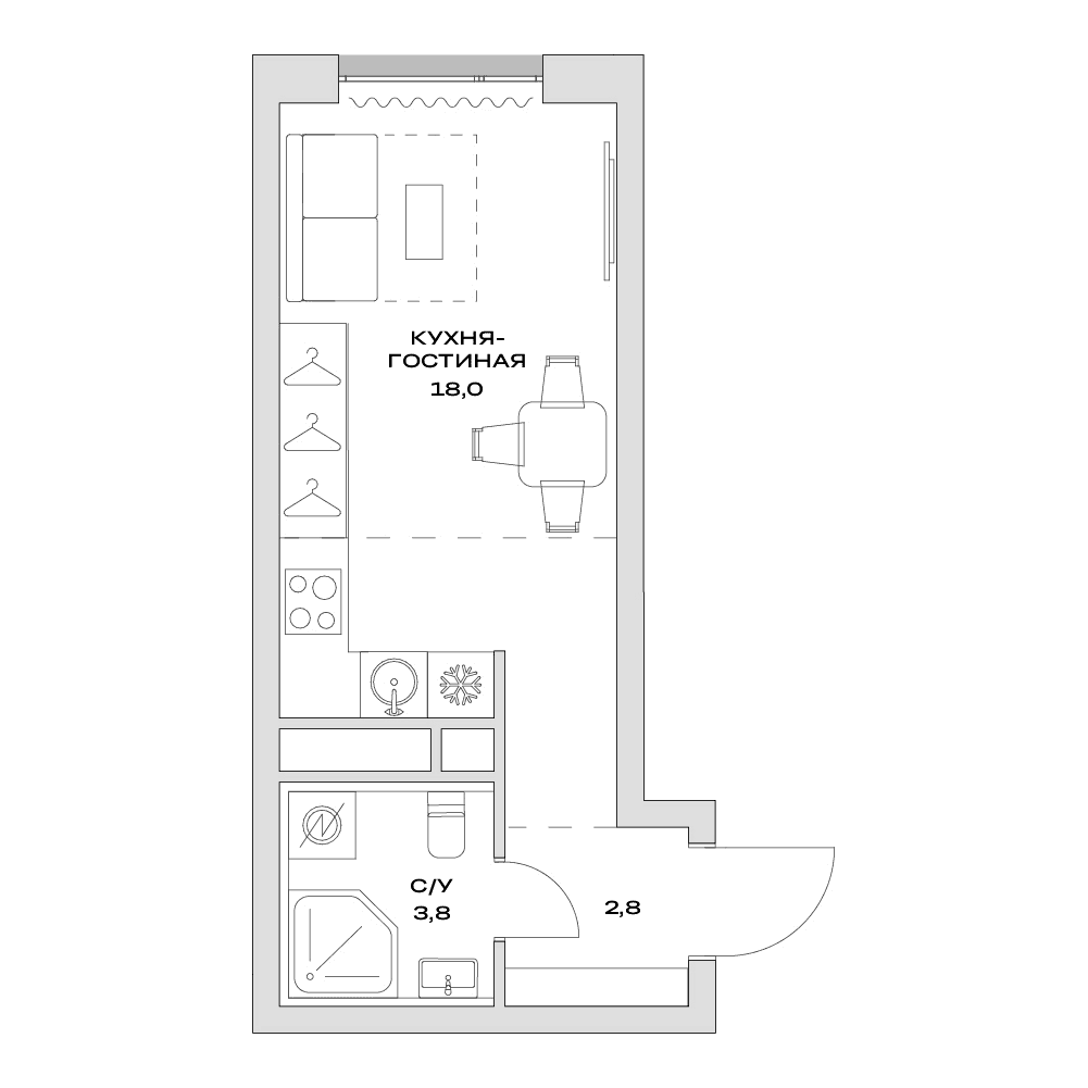 Планировка: Студия 24,6 м² в ЖК «Детали»