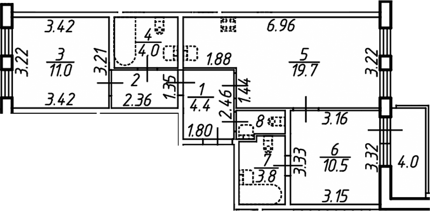 Планировка: Евротрёшка 58,2 м² в ЖК «Аэросити Клаб»