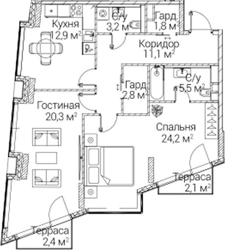 Планировка: 2-комнатная квартира 78,6 м² в ЖК «СЕЗАР БУДУЩЕЕ»