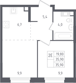 Планировка: Евродвушка 35,9 м² в ЖК «Ольховый квартал»