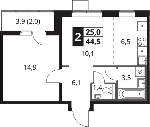 Планировка: Евродвушка 42,5 м² в ЖК «1-й Южный»