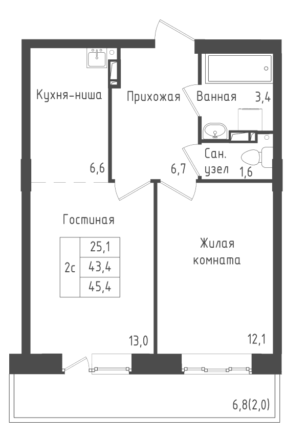 Планировка: 1-комнатная квартира 43,4 м² в ЖК «Зеленый город»