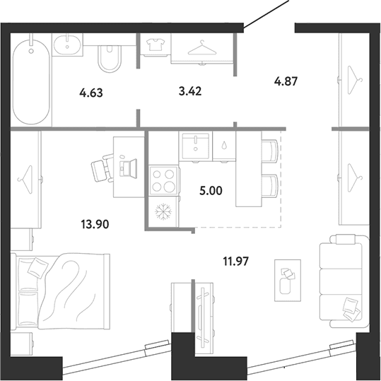 Планировка: 1-комнатная квартира 43,8 м² в ЖК «Ридж»