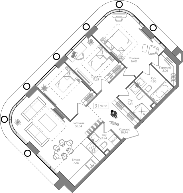 Планировка: Квартира евро-4 97,4 м² в ЖК «Преображенская площадь»