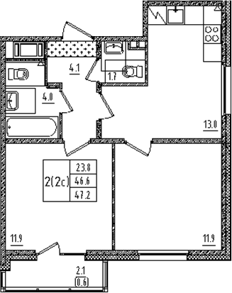 Планировка: Евротрёшка 46,6 м² в ЖК «Дыбенко парк»