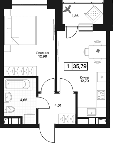 Планировка: 1-комнатная квартира 34,4 м² в ЖК «Пушкино Град»