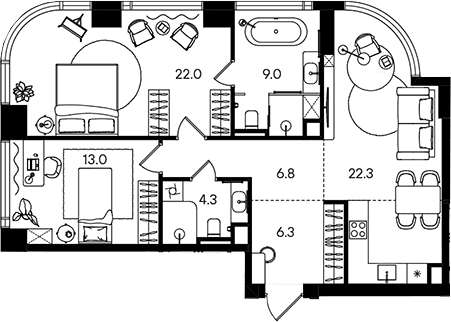 Планировка: Евротрёшка 83,7 м² в ЖК «СТОУН Блик»