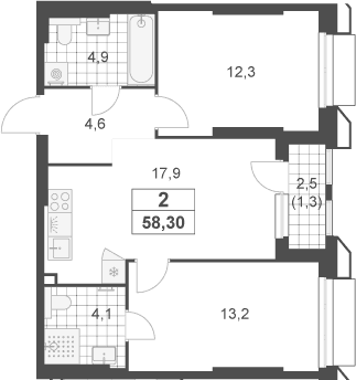 Планировка: Евротрёшка 57 м² в ЖК «Южные сады»