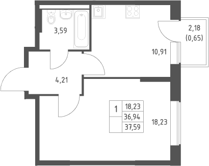 Планировка: 1-комнатная квартира 36,9 м² в ЖК «Большое Юрлово»