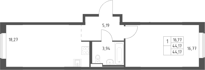 Планировка: Евродвушка 44,2 м² в ЖК «Большое Юрлово»