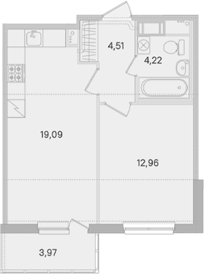 Планировка: Евродвушка 40,8 м² в ЖК «Ясно.Янино»