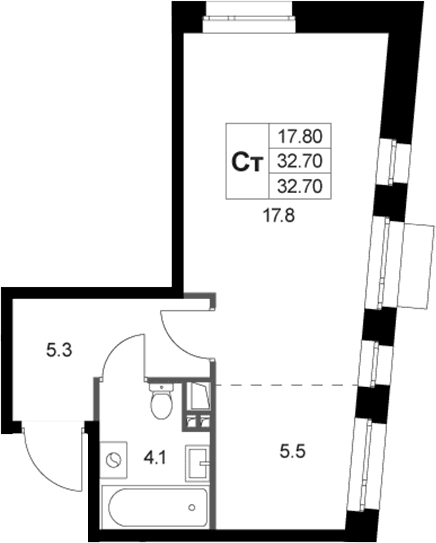 Планировка: Студия 32,7 м² в ЖК «Кореневский Форт 2.3»