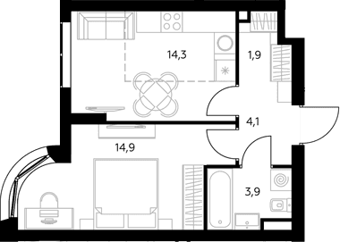 Планировка: 1-комнатная квартира 39,4 м² в ЖК «Адмирал»