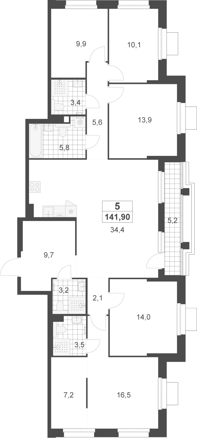 Планировка: 5-комнатная квартира 139,3 м² в ЖК «Деснаречье»