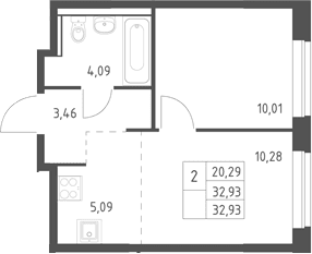 Планировка: Евродвушка 32,9 м² в ЖК «Егорово парк»