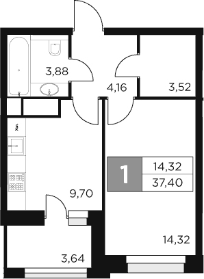Планировка: 1-комнатная квартира 35,6 м² в ЖК «Восток 2»