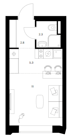 Планировка: Студия 21,4 м² в ЖК «Мичуринский парк»