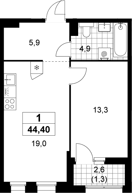 Планировка: Евродвушка 43,1 м² в ЖК «Прокшино»