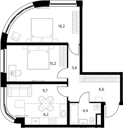 Планировка: Евротрёшка 63,3 м² в ЖК «Адмирал»