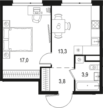 Планировка: 1-комнатная квартира 38 м² в ЖК «Левел Лесной»