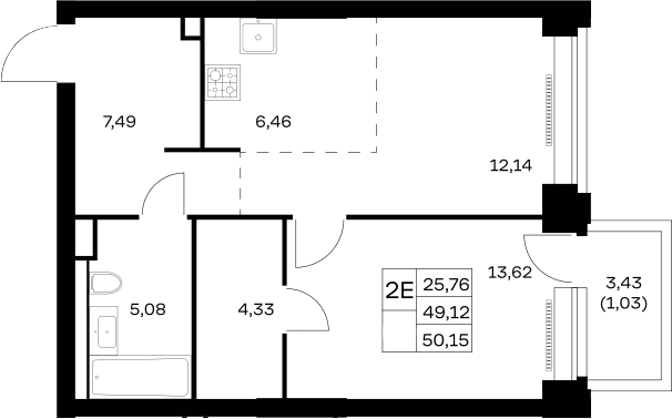 Планировка: Евродвушка 49,1 м² в ЖК «НОВА»