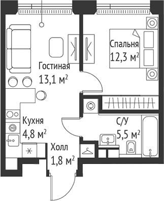 Планировка: Евродвушка 37,5 м² в ЖК «СЕТ»