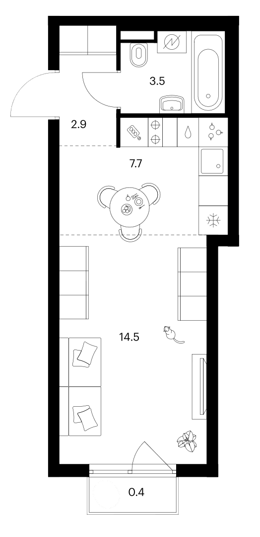 Планировка: Студия 28,6 м² в ЖК «Зеленый парк»