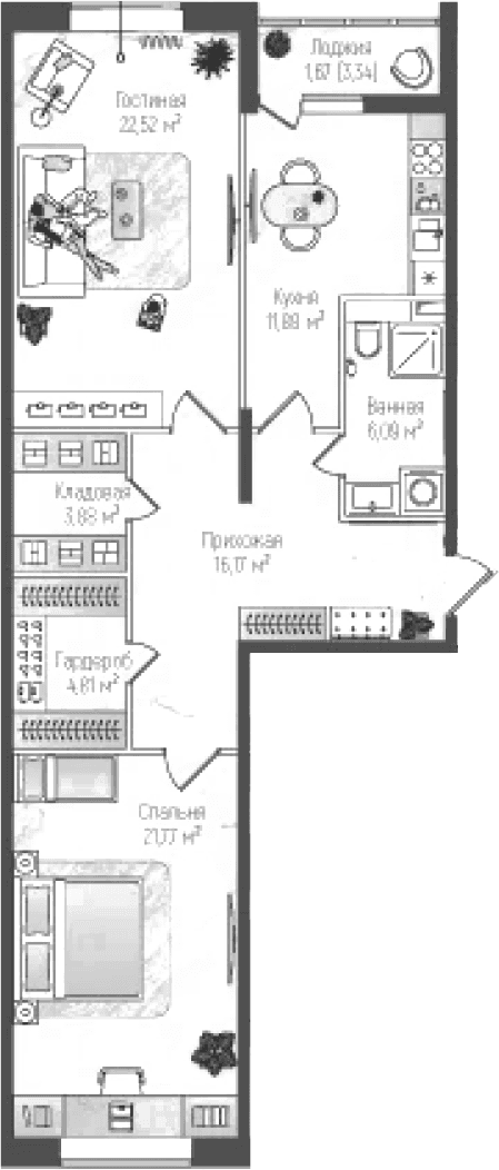 Планировка: 2-комнатная квартира 87,1 м² в ЖК «Рига Хиллс»