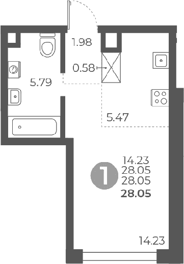 Планировка: Студия 28,1 м² в ЖК «Мневники от Гранель»