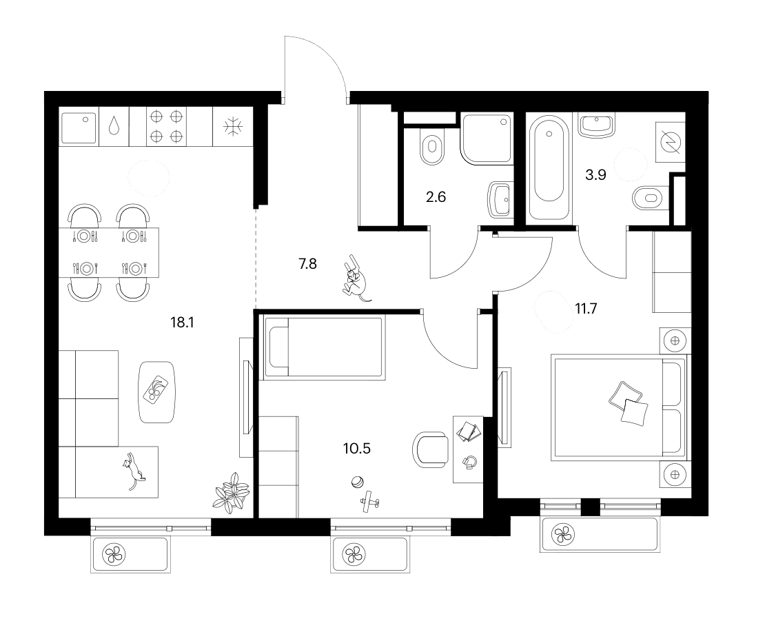 Планировка: 2-комнатная квартира 54,6 м² в ЖК «Белая Дача парк»