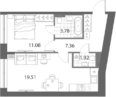 Планировка: Евродвушка 43,7 м² в ЖК «Нева Арт»