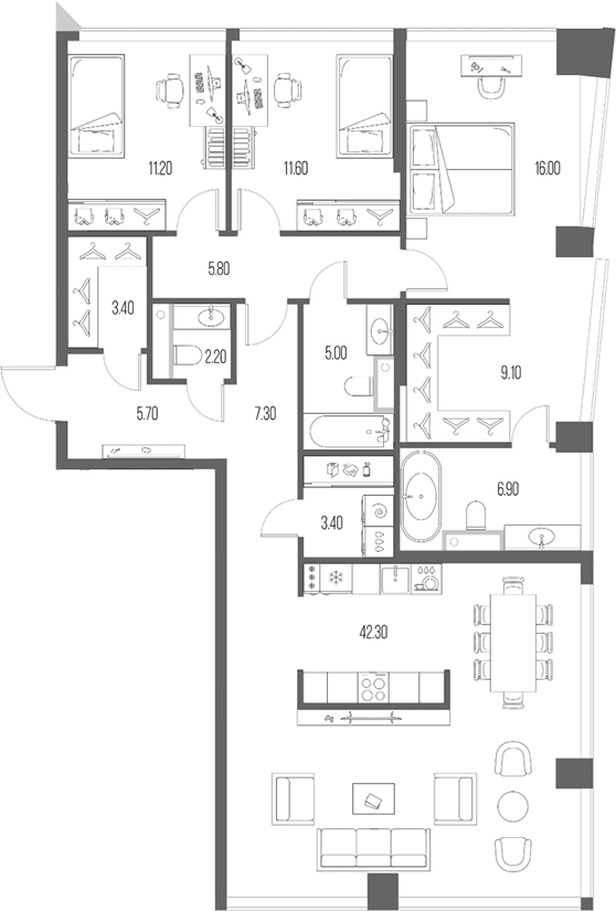 Планировка: 3-комнатная квартира 129,9 м² в ЖК «Северный Порт»