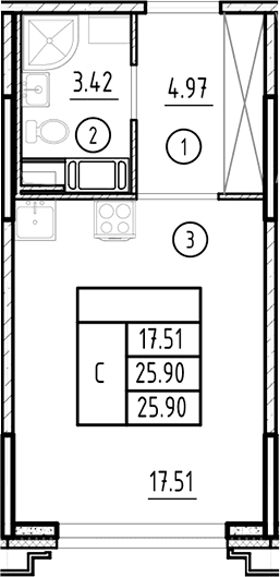 Планировка: Студия 25,9 м² в ЖК «Ассамблея»