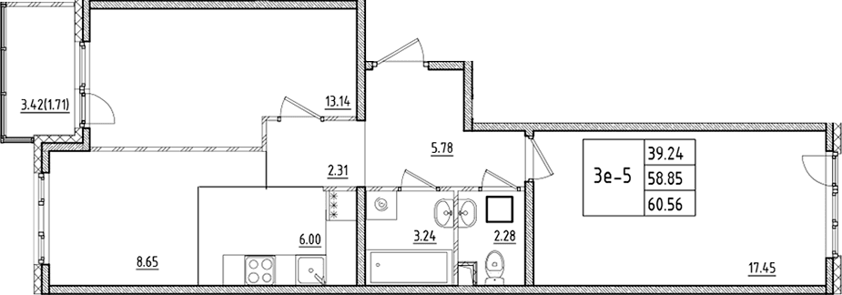 Планировка: Евротрёшка 58,9 м² в ЖК «ЛесАрт»