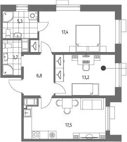 Планировка: Евротрёшка 63,9 м² в ЖК «Парусная 1»