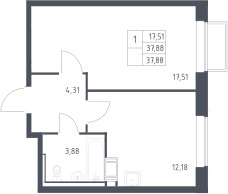 Планировка: 1-комнатная квартира 37,9 м² в ЖК «Томилино Парк»