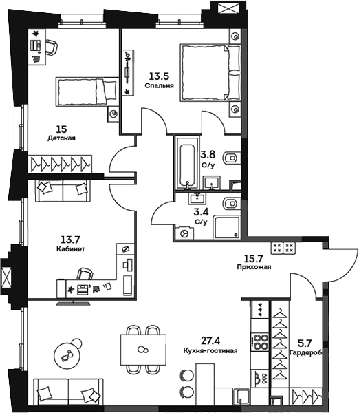 Планировка: Квартира евро-4 98,2 м² в ЖК «ТВЕЛВ»