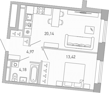 Планировка: 1-комнатная квартира 42,7 м² в ЖК «Министр»