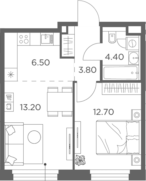 Планировка: Евродвушка 40,6 м² в ЖК «Белый Град»