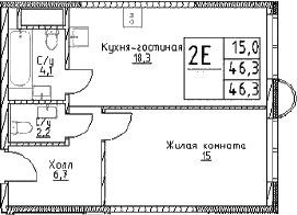 Планировка: Евродвушка 46,3 м² в ЖК «Наметкин Тауэр»