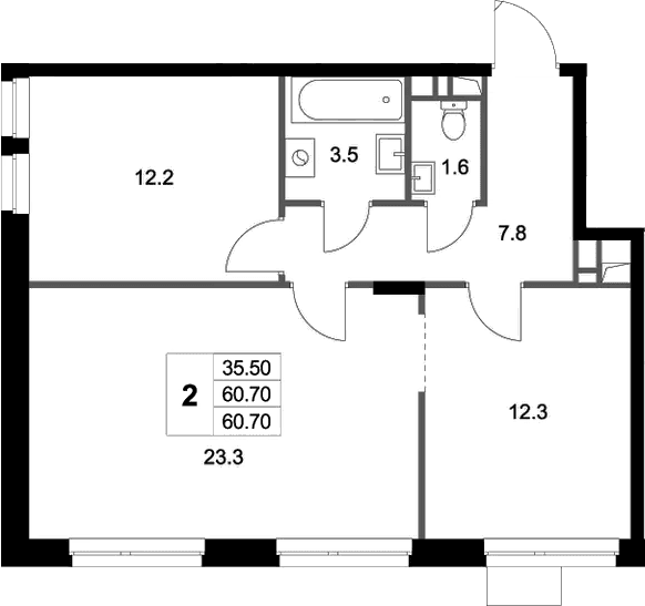 Планировка: 2-комнатная квартира 60,7 м² в ЖК «Легенда Марусино»