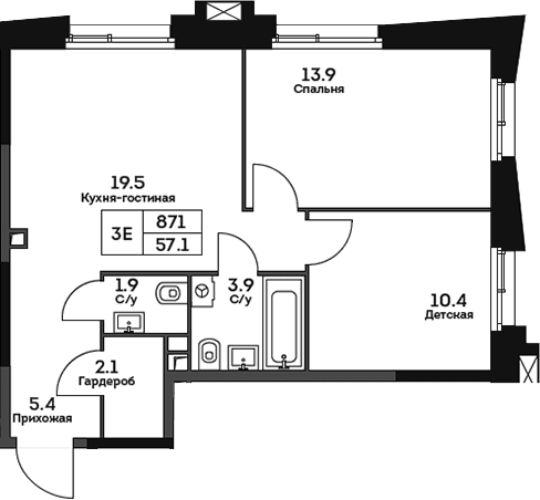 Планировка: Евротрёшка 57,1 м² в ЖК «ТВЕЛВ»