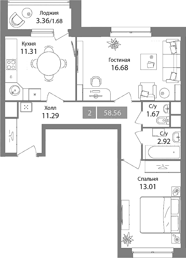 Планировка: 2-комнатная квартира 56,9 м² в ЖК «Планерный квартал»