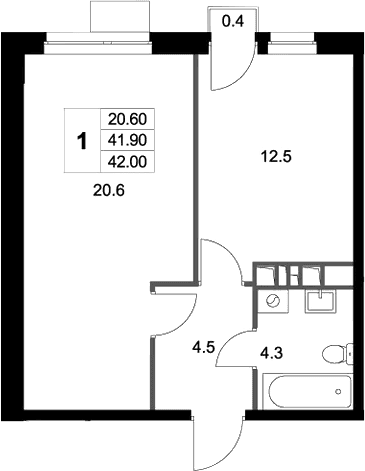 Планировка: 1-комнатная квартира 41,9 м² в ЖК «Легенда Марусино»