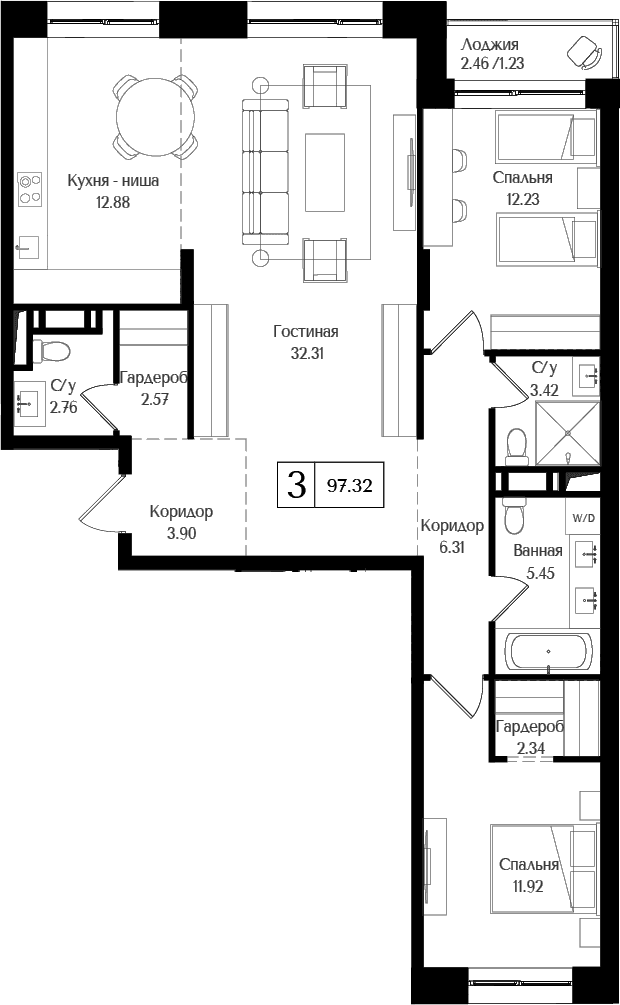 Планировка: Евротрёшка 96,1 м² в ЖК «Преображенская площадь»