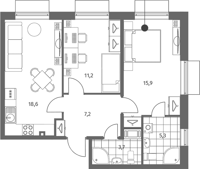 Планировка: Евротрёшка 61,9 м² в ЖК «Парусная 1»